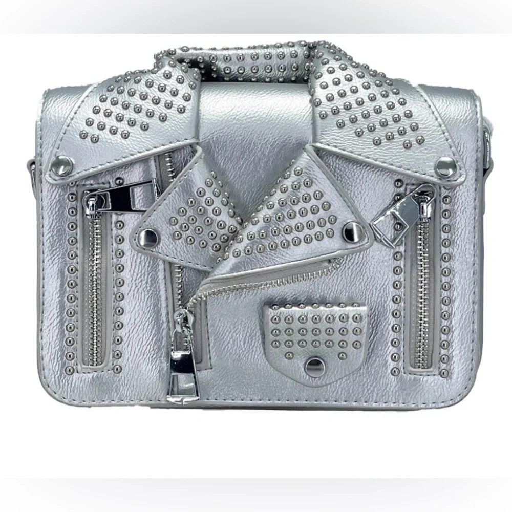 SILVER STUDDED FAUX LEATHER NOVELTY JACKET CROSSBODY BAG
